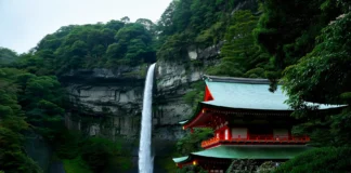 Camino Kumano Kodo: la guía para hacer esta ruta de peregrinación en Japón La pagoda bermellón de Seiganto-ji frente a la cascada Nachi, la imagen más icónica del Kumano Kodo en Japón.